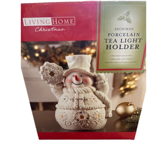 Living Home Christmas Snowman Porcelain Tea Light Holder 6" Tall Original Box - Picture 5 of 5